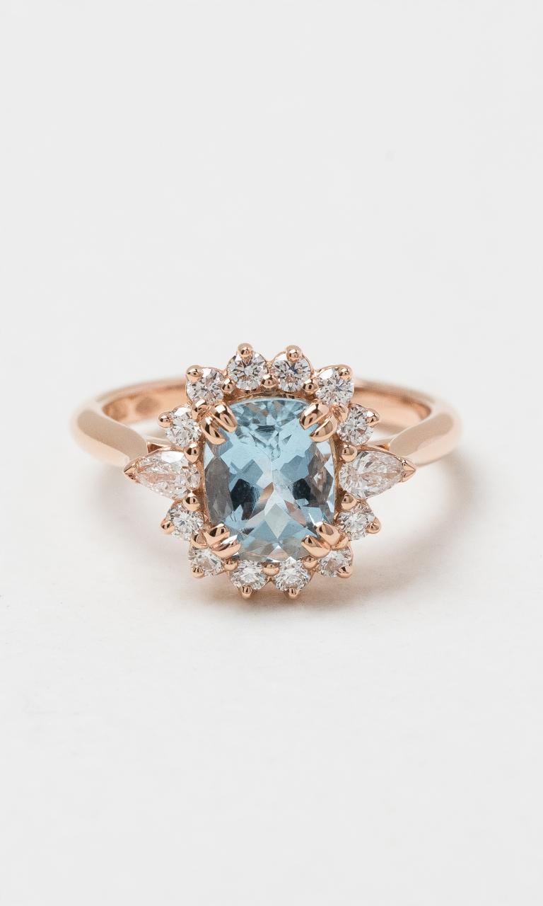 2024 © Hogans Family Jewellers 18K RG Cushion Aquamarine & Diamond Halo Ring