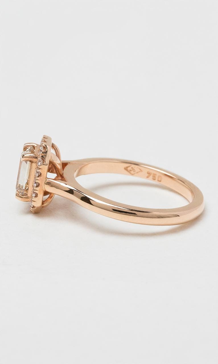 2024 © Hogans Family Jewellers 18K RG Emerald Cut Champagne Diamond Halo Ring