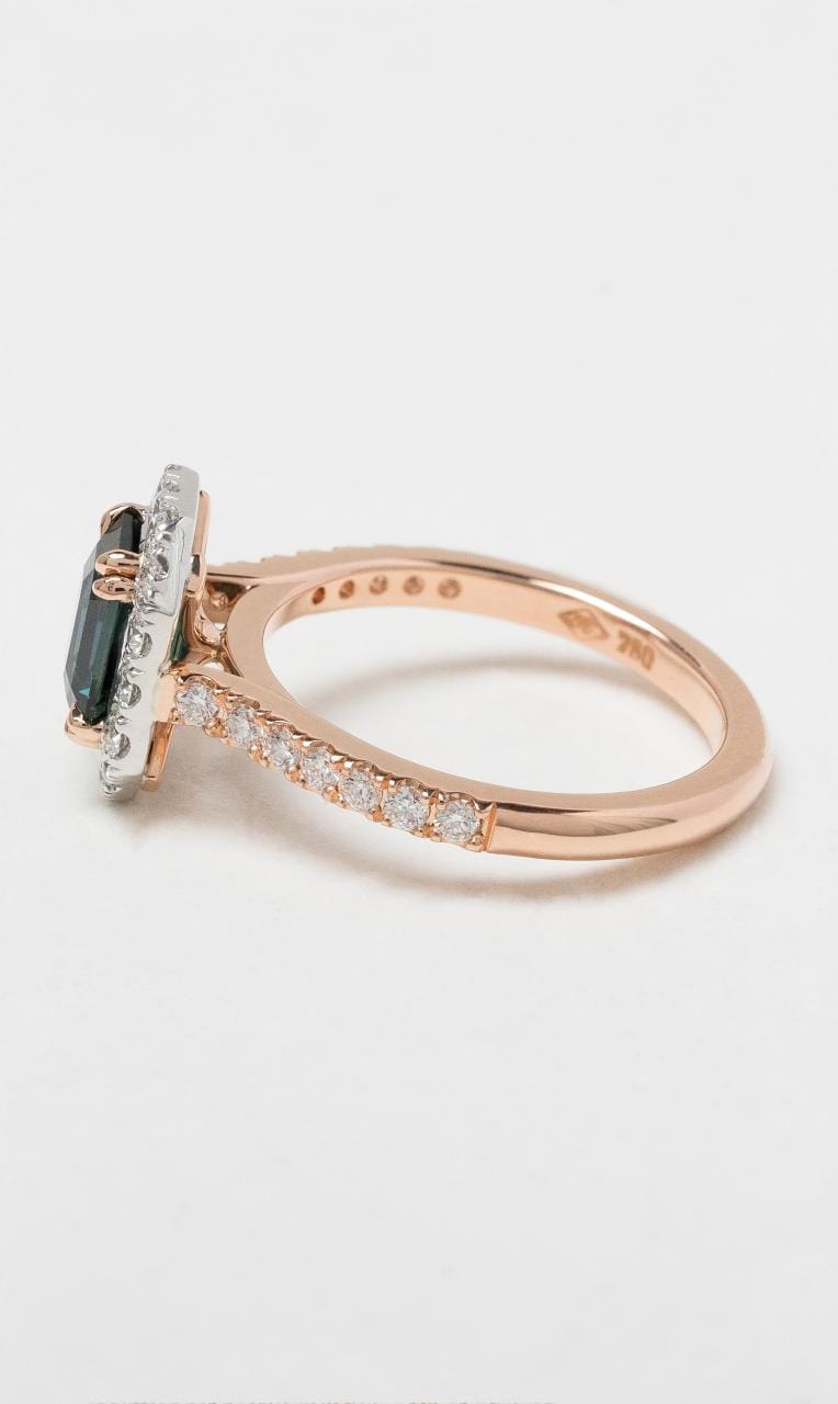 2024 © Hogans Family Jewellers 18K RWG Emerald Cut Sapphire & Diamond Halo Ring