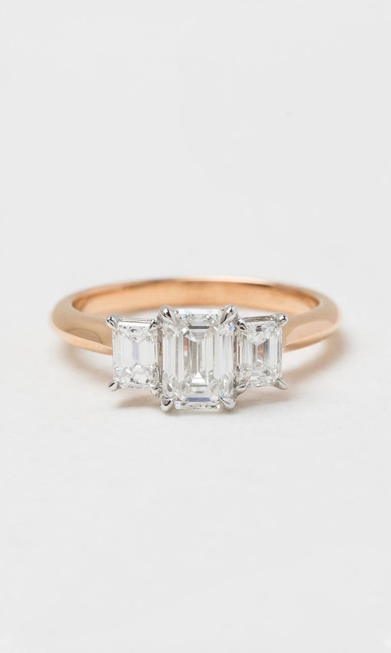 2024 © Hogans Family Jewellers 18K RWG Emerald Cut Trilogy Diamond Ring