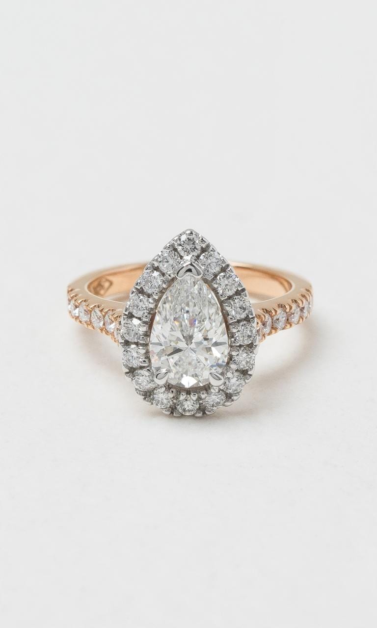 2024 © Hogans Family Jewellers 18K RWG Pear Cut Diamond Halo Ring