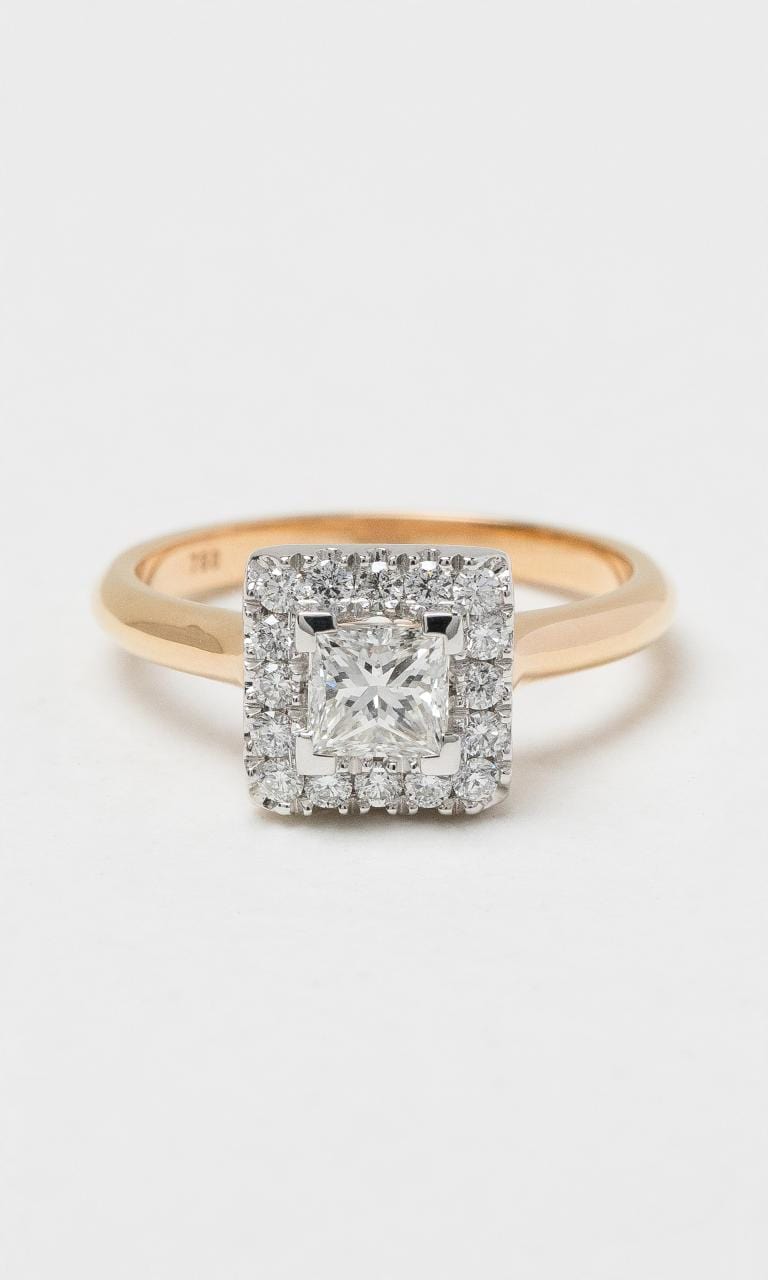 2024 © Hogans Family Jewellers 18K RWG Princess Cut Diamond Halo Style Ring