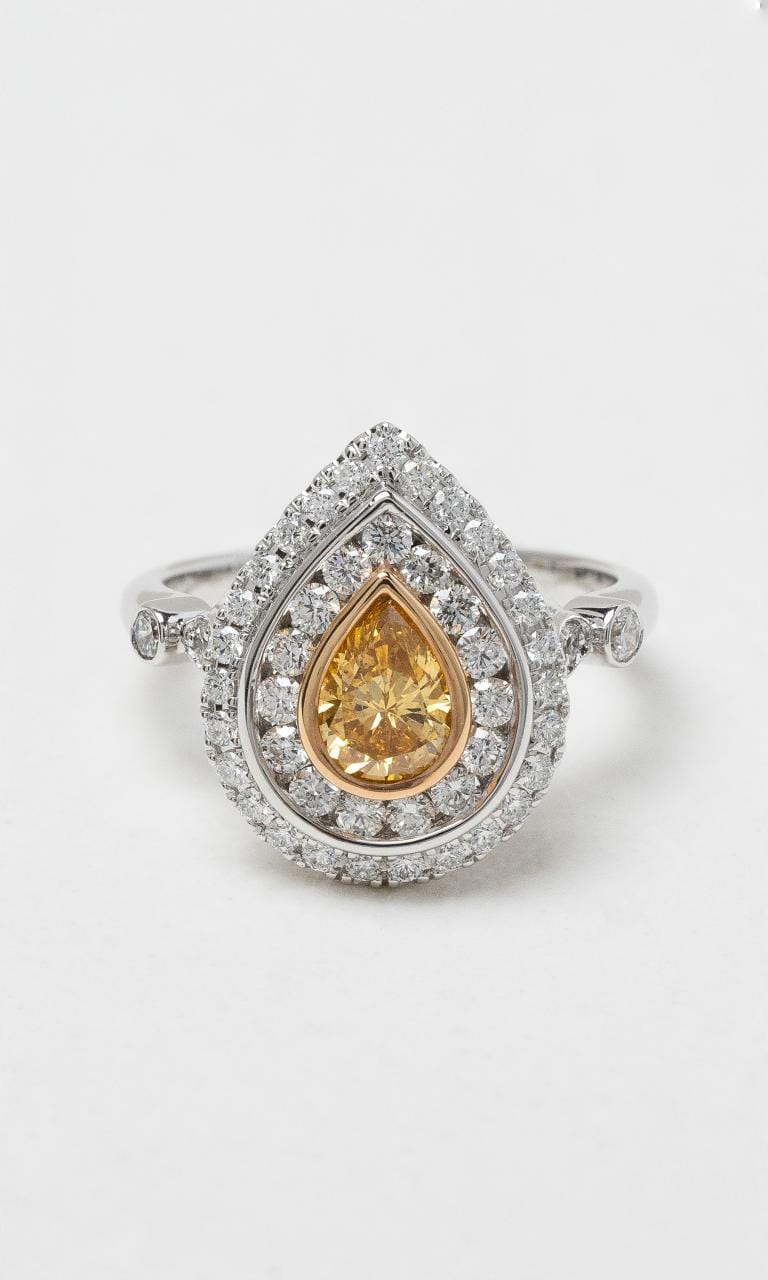 2024 © Hogans Family Jewellers 18K WRG Pear Cut Yellow Diamond Halo Style Ring