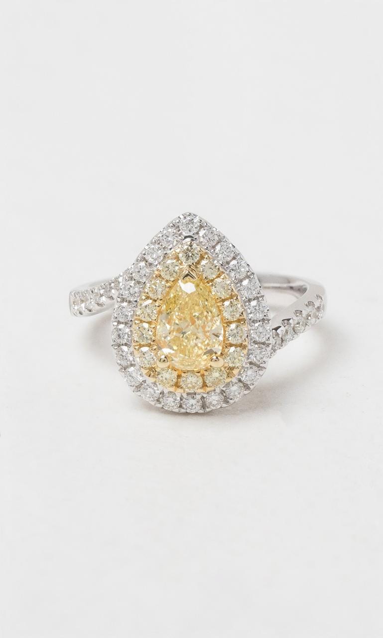 2024 © Hogans Family Jewellers 18K WYG Yellow Pear & White Diamond Halo Ring