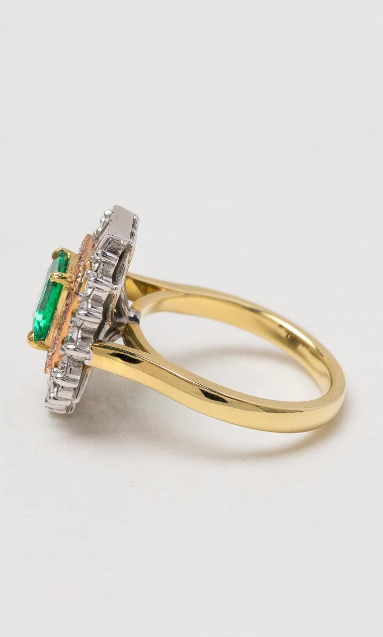 2024 © Hogans Family Jewellers 18K YRWG Emerald Cut Columbian Emerald & Pink Diamond Dress Ring