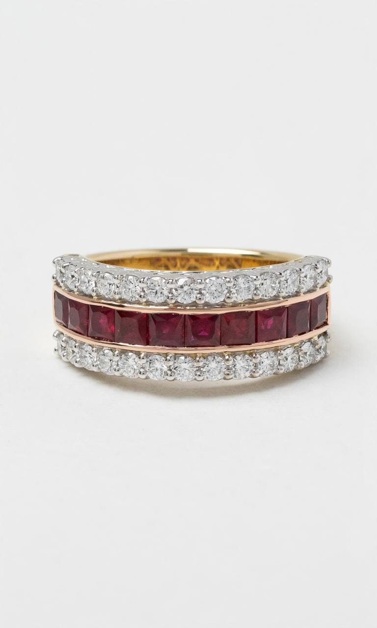 2024 © Hogans Family Jewellers 18K YRWG Ruby & Diamond Wide Band