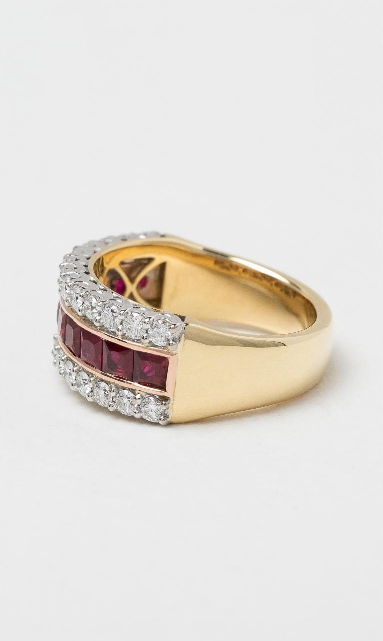 2024 © Hogans Family Jewellers 18K YRWG Ruby & Diamond Wide Band