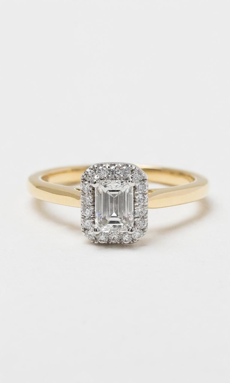 2024 © Hogans Family Jewellers 18K YWG Emerald Cut Diamond Halo Ring