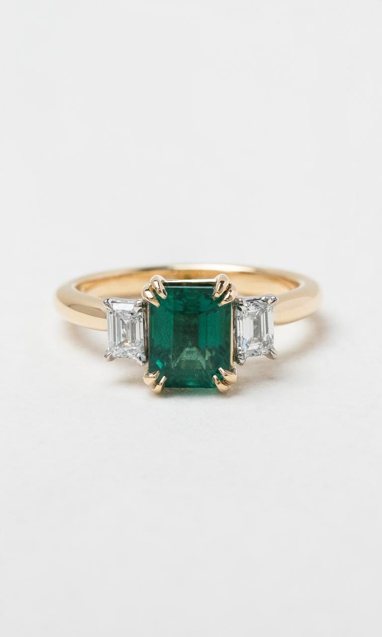 2024 © Hogans Family Jewellers 18K YWG Emerald & Diamond Trilogy Ring