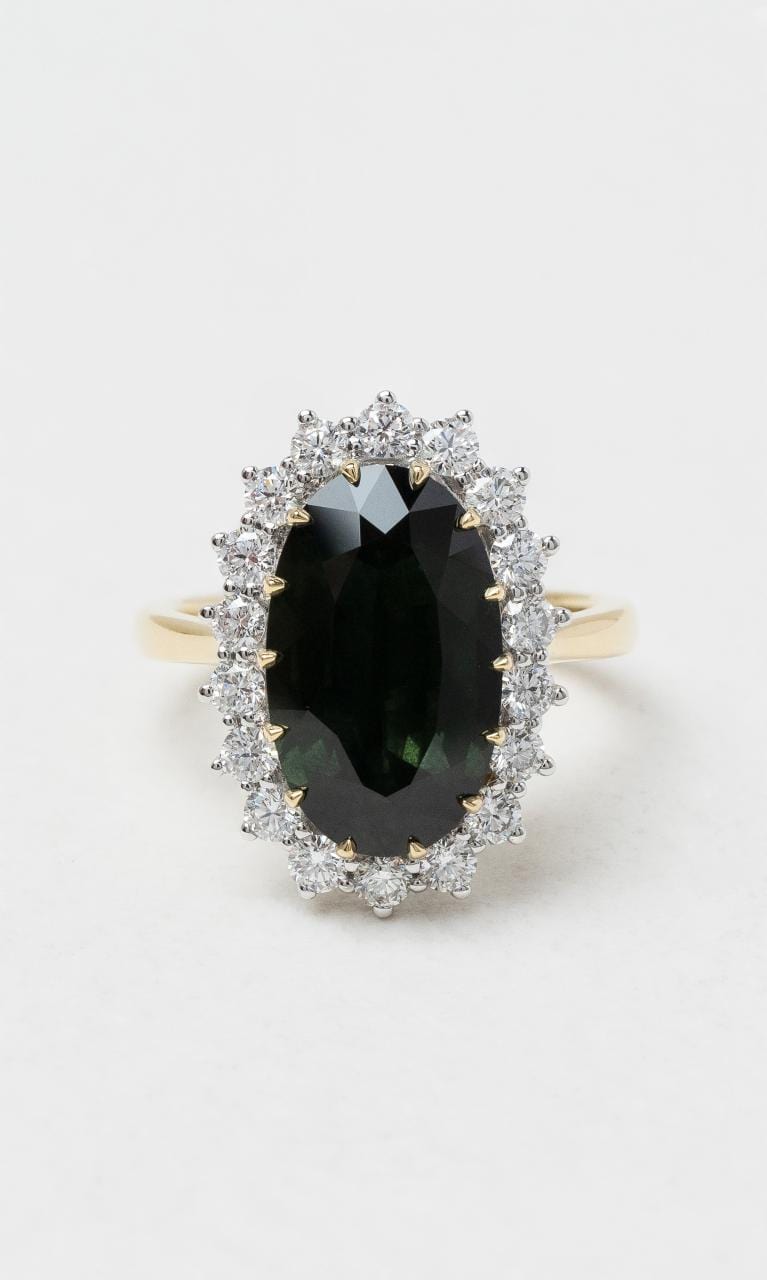 2024 © Hogans Family Jewellers 18K YWG Oval Cut Green Sapphire & Diamond Cluster Ring