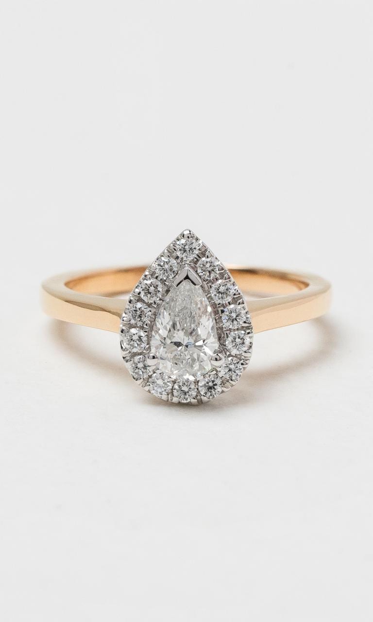 2024 © Hogans Family Jewellers 18K YWG Pear Cut Diamond Halo Ring