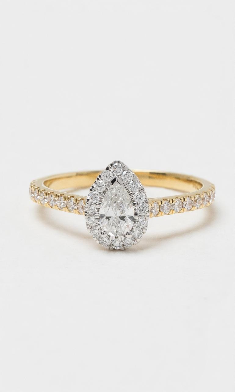 2024 © Hogans Family Jewellers 18K YWG Pear Cut Diamond Halo Style Ring