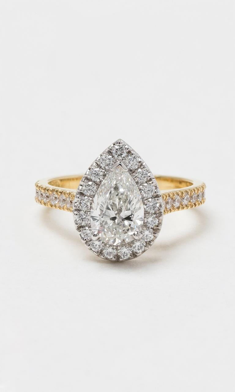 2024 © Hogans Family Jewellers 18K YWG Pear Cut Halo Diamond Ring