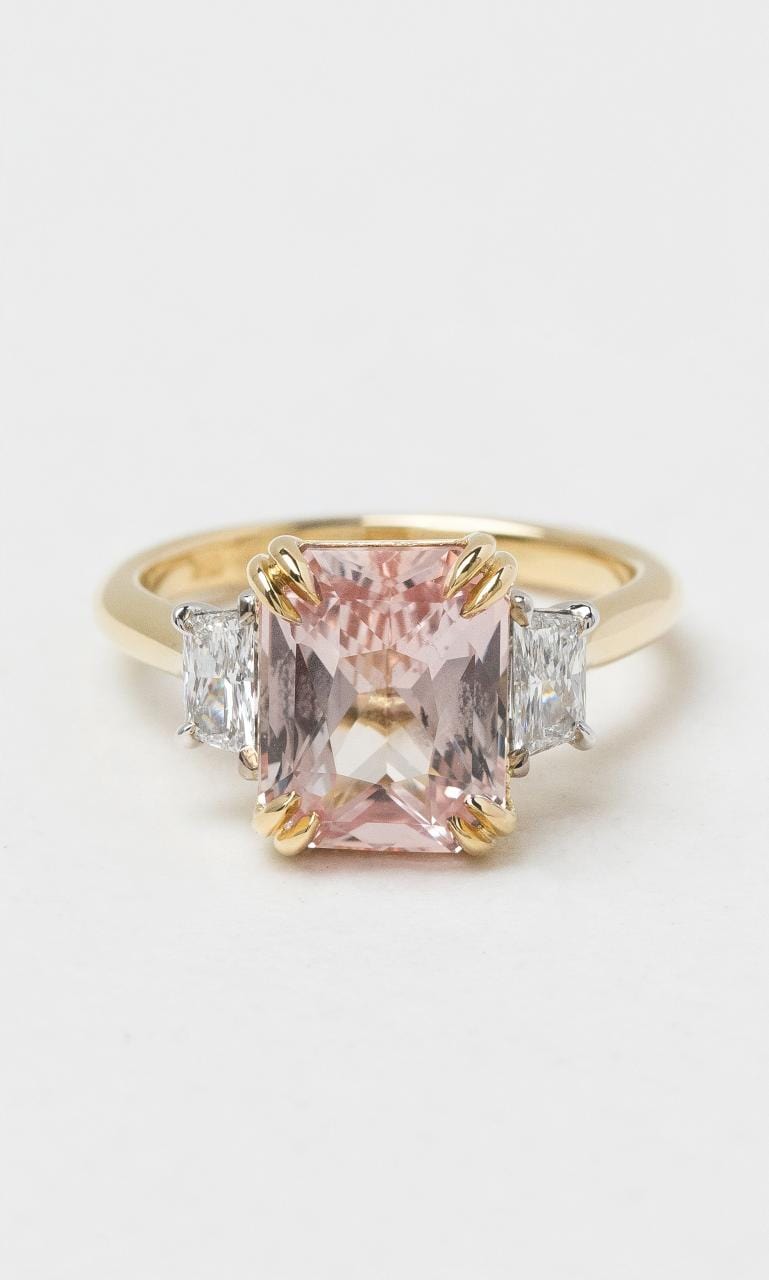 2024 © Hogans Family Jewellers 18K YWG Radiant Peach Sapphire & Diamond Trilogy Ring