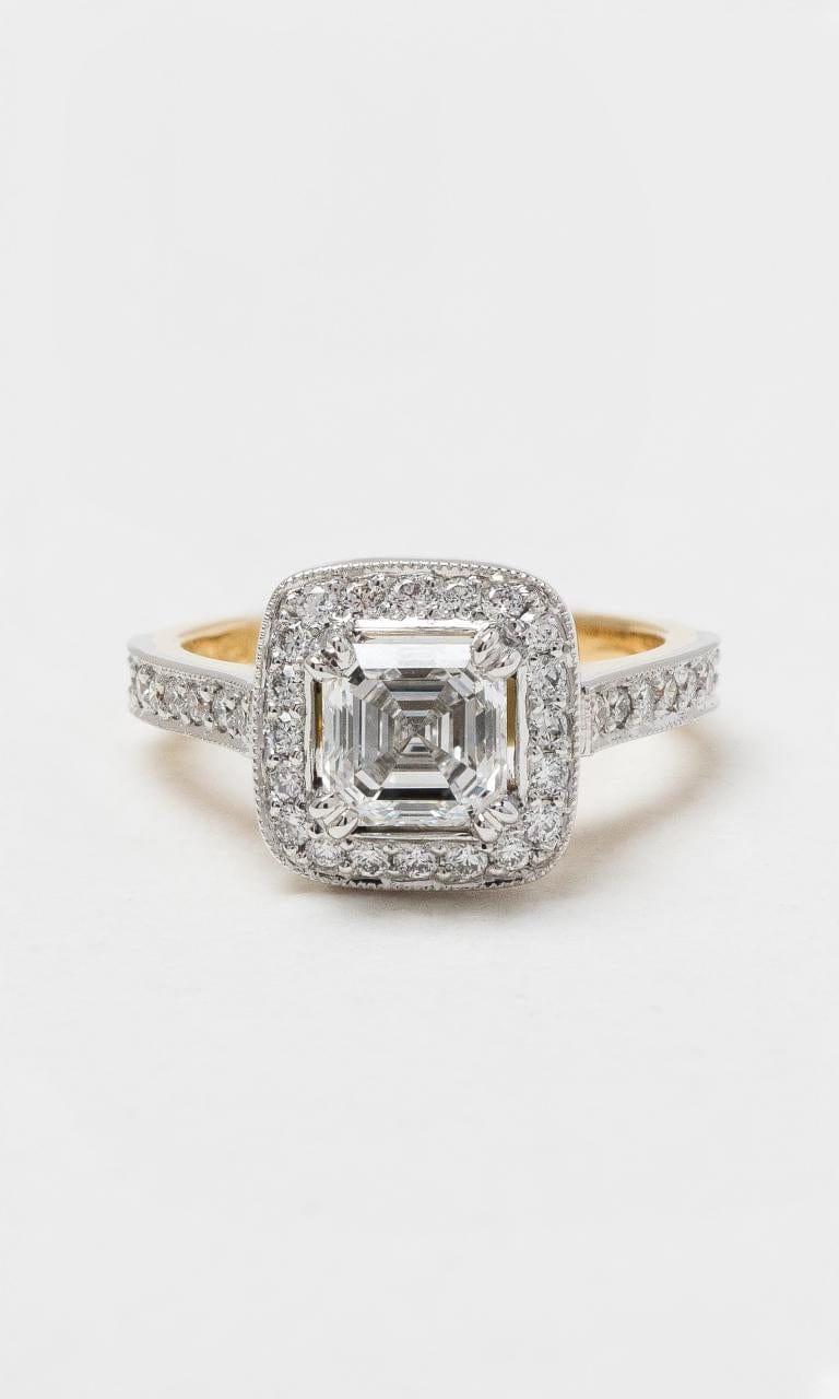 2024 © Hogans Family Jewellers 18K YWG Square Emerald Cut Halo Diamond Ring
