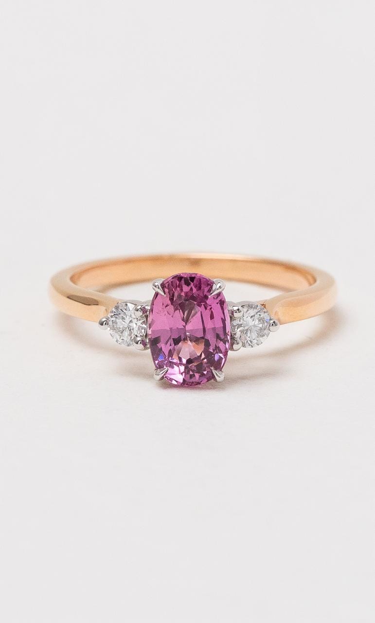 Hogans Family Jewellers 18CT RWG Padparadscha Sapphire & Diamond Trilogy Ring