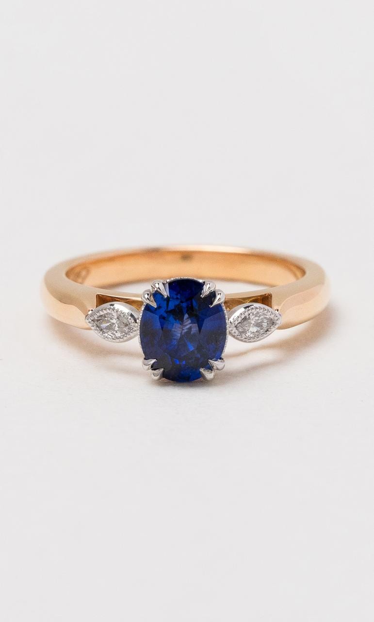 Hogans Family Jewellers 18K RWG Oval Ceylon Sapphire Trilogy Ring