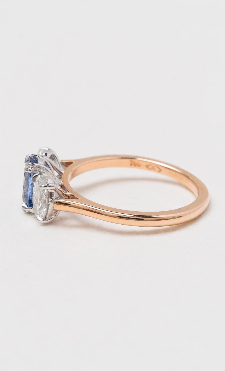 Hogans Family Jewellers 18K RWG Oval Ceylon Sapphire Trilogy Ring