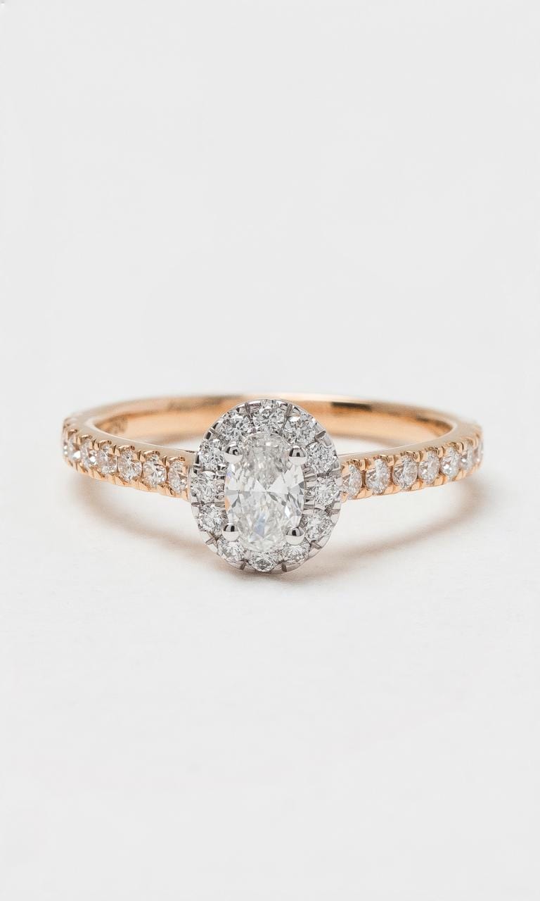 Hogans Family Jewellers 18K RWG Oval Cut Diamond Halo Style Ring