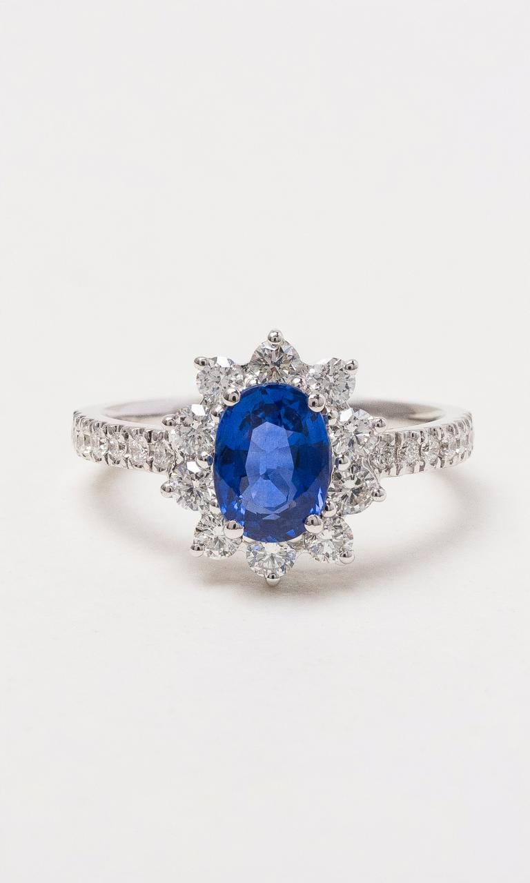 Hogans Family Jewellers 18K WG Oval Sapphire & Diamond Cluster Ring