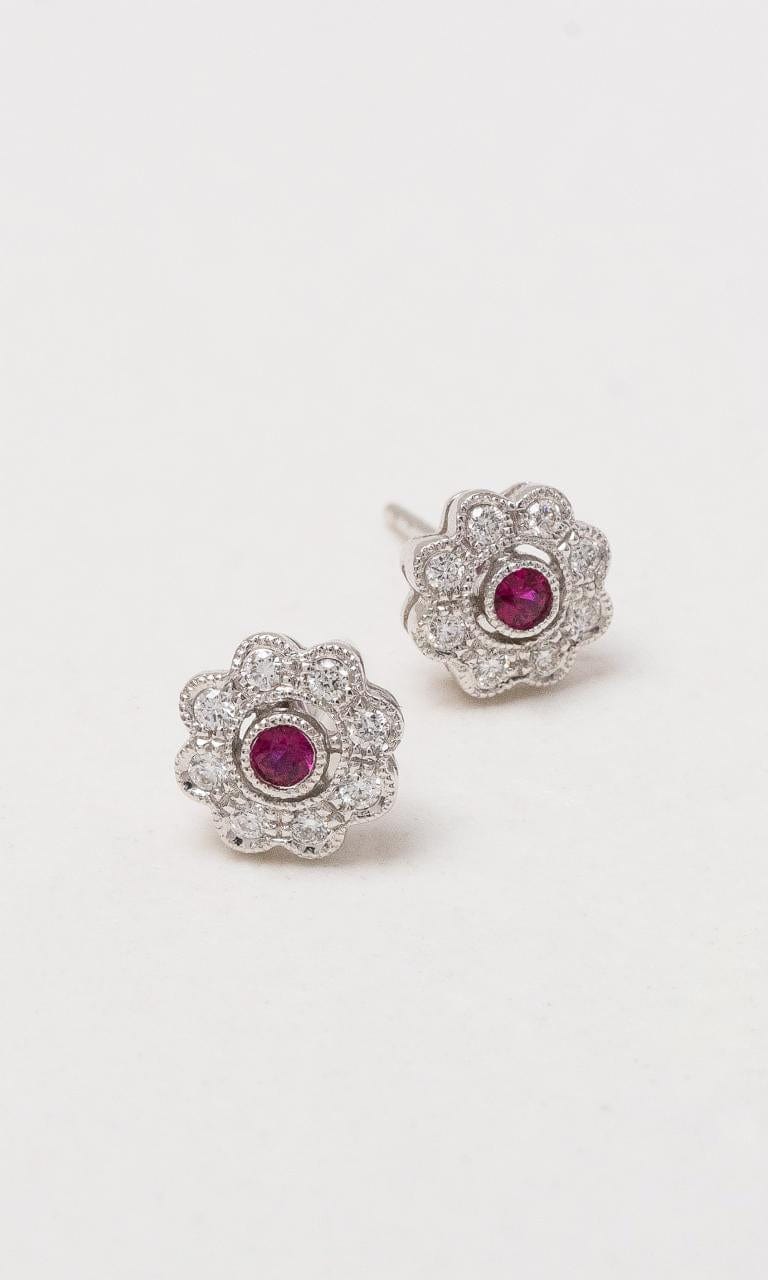 Hogans Family Jewellers 18K WG Ruby & Diamond Floral Stud Earrings