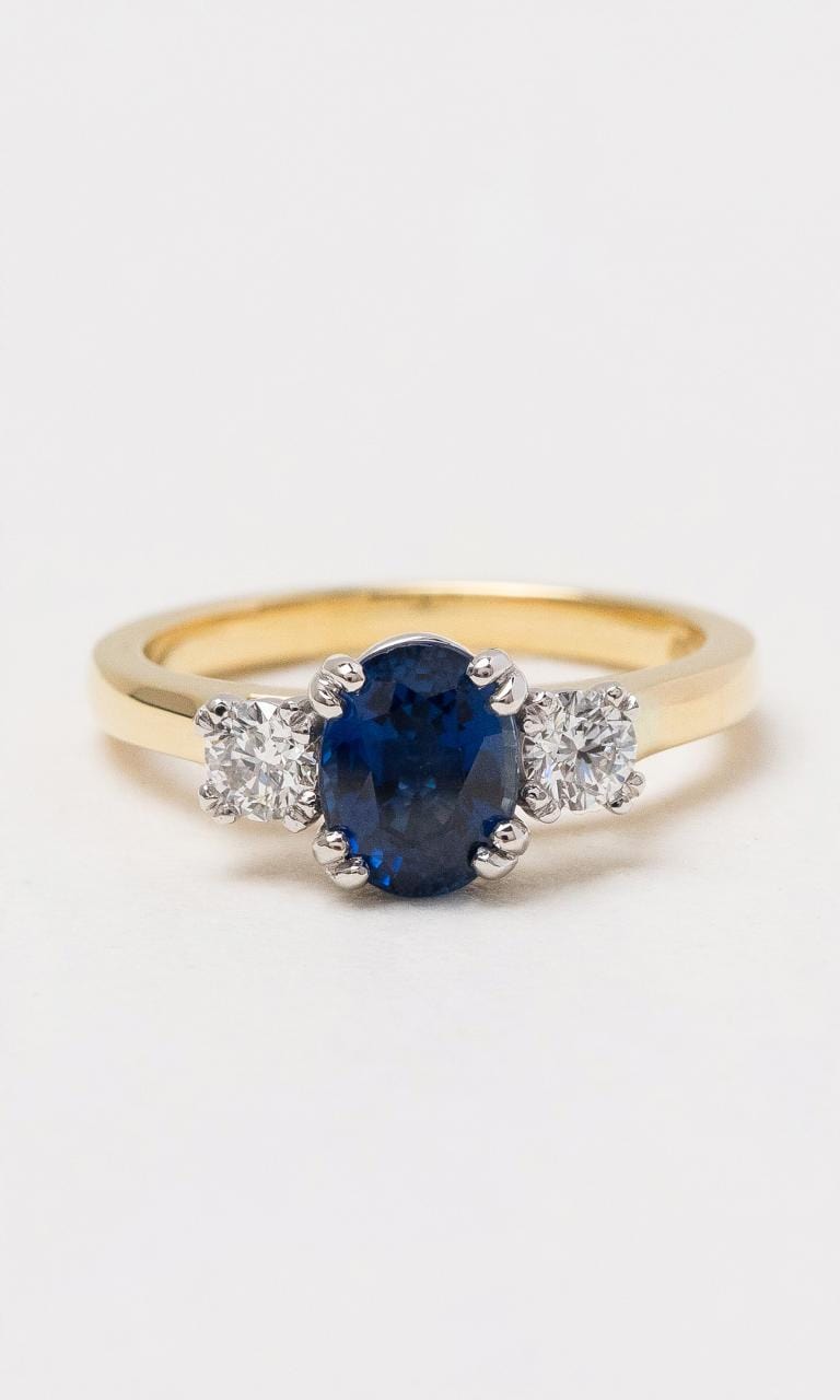 Hogans Family Jewellers 18K YWG Ceylon Sapphire & Diamond Trilogy Ring