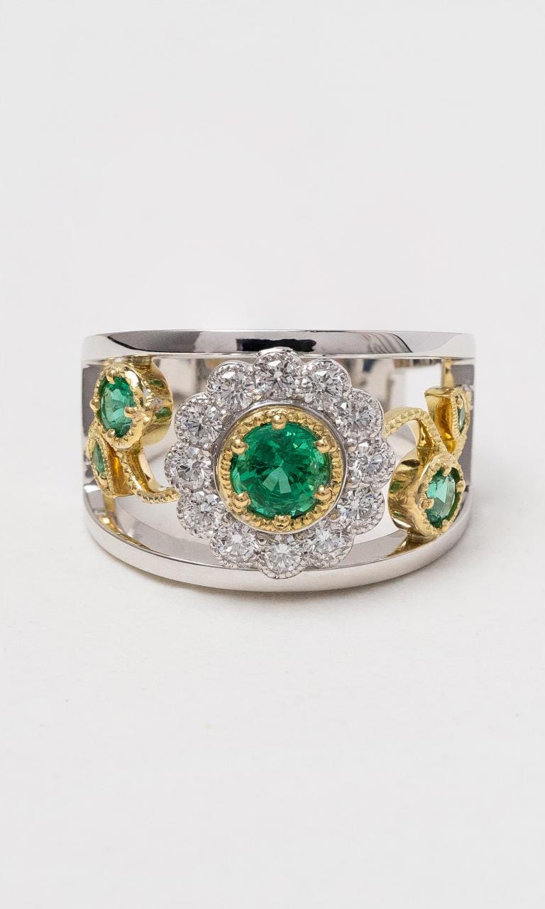 Hogans Family Jewellers 18K YWG Emerald & Diamond Floral Dress Band