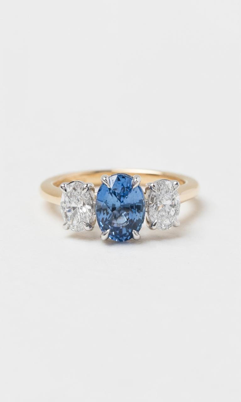 Hogans Family Jewellers 18K YWG Oval Ceylon Sapphire & Diamond Trilogy Ring