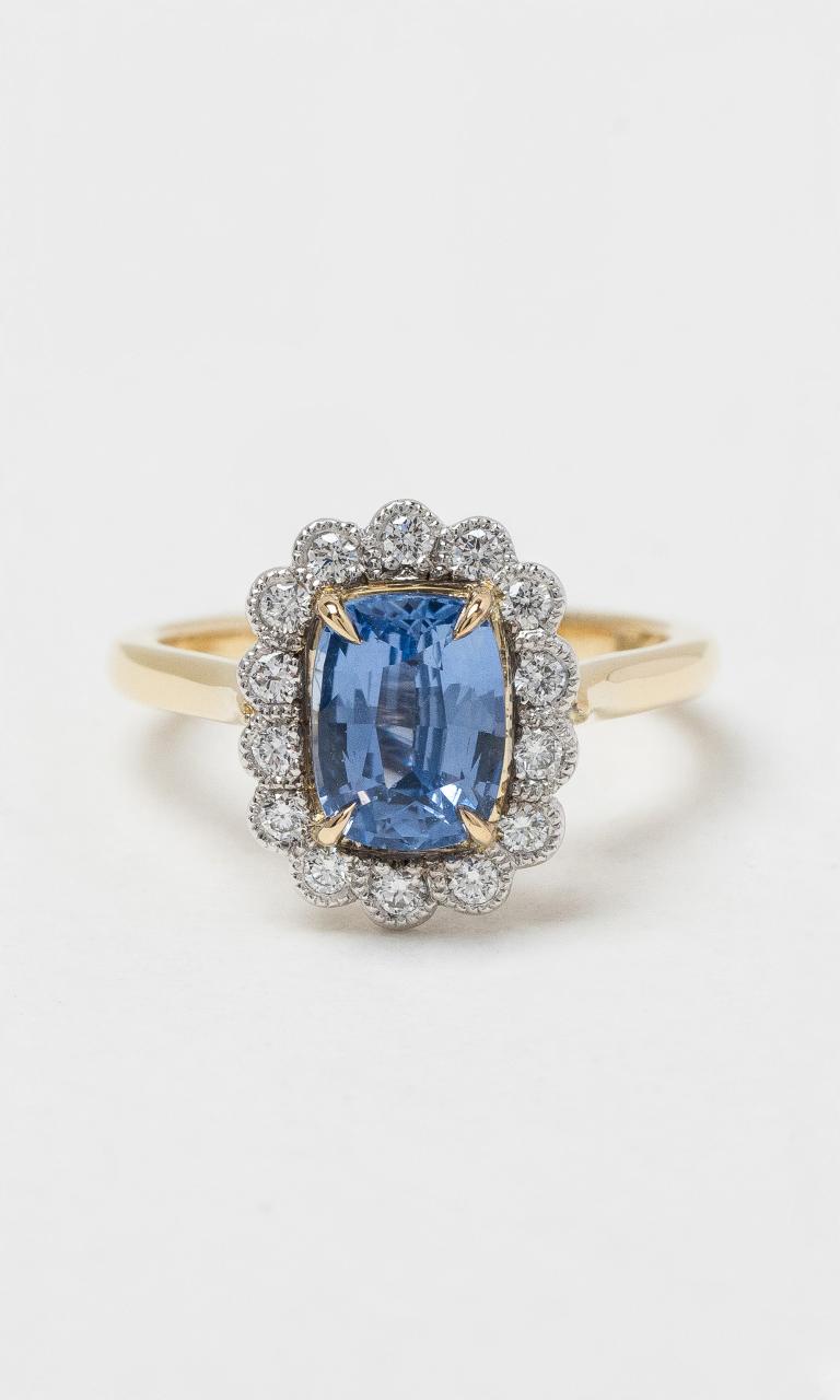 18K YWG Cushion Cut Sapphire & Diamond Cluster Ring